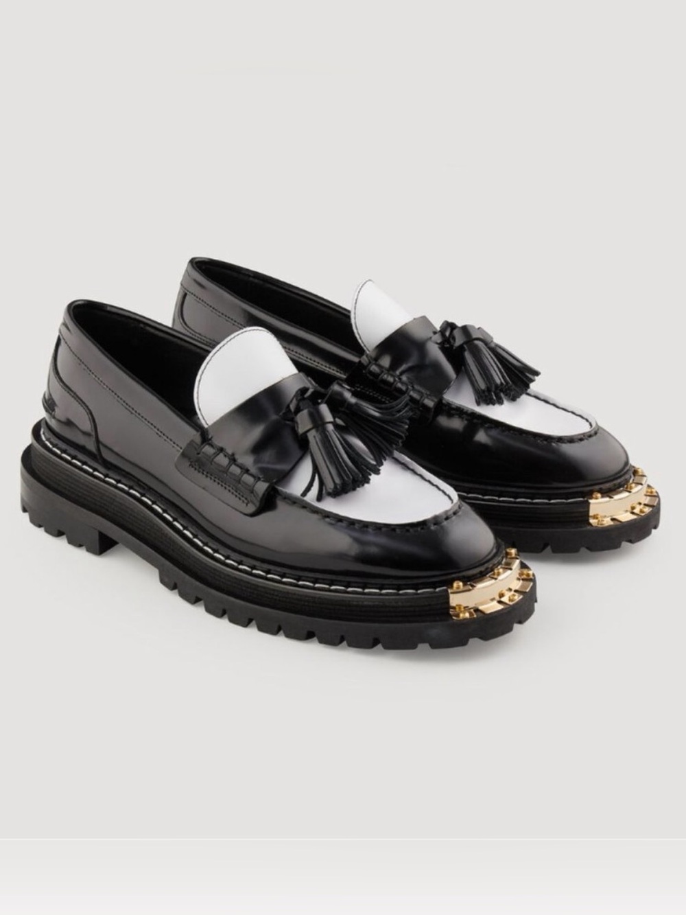 Sandro Jackson Black White Leather Tassel Chunky Lug Sole Loafers 37